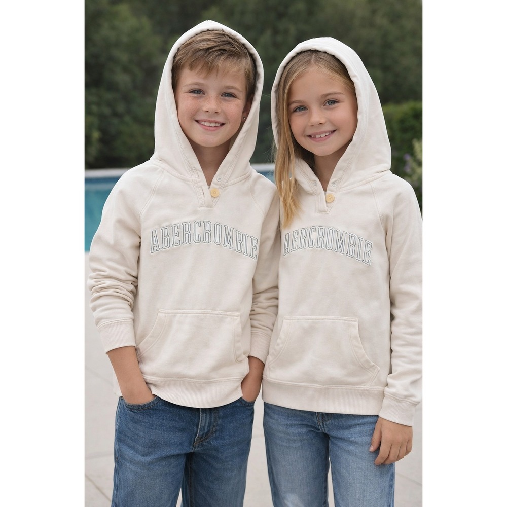 Abercrombie & Fitch Athletic Kids Unisex Hoodie SZ M Kangaroo Pockets Cream